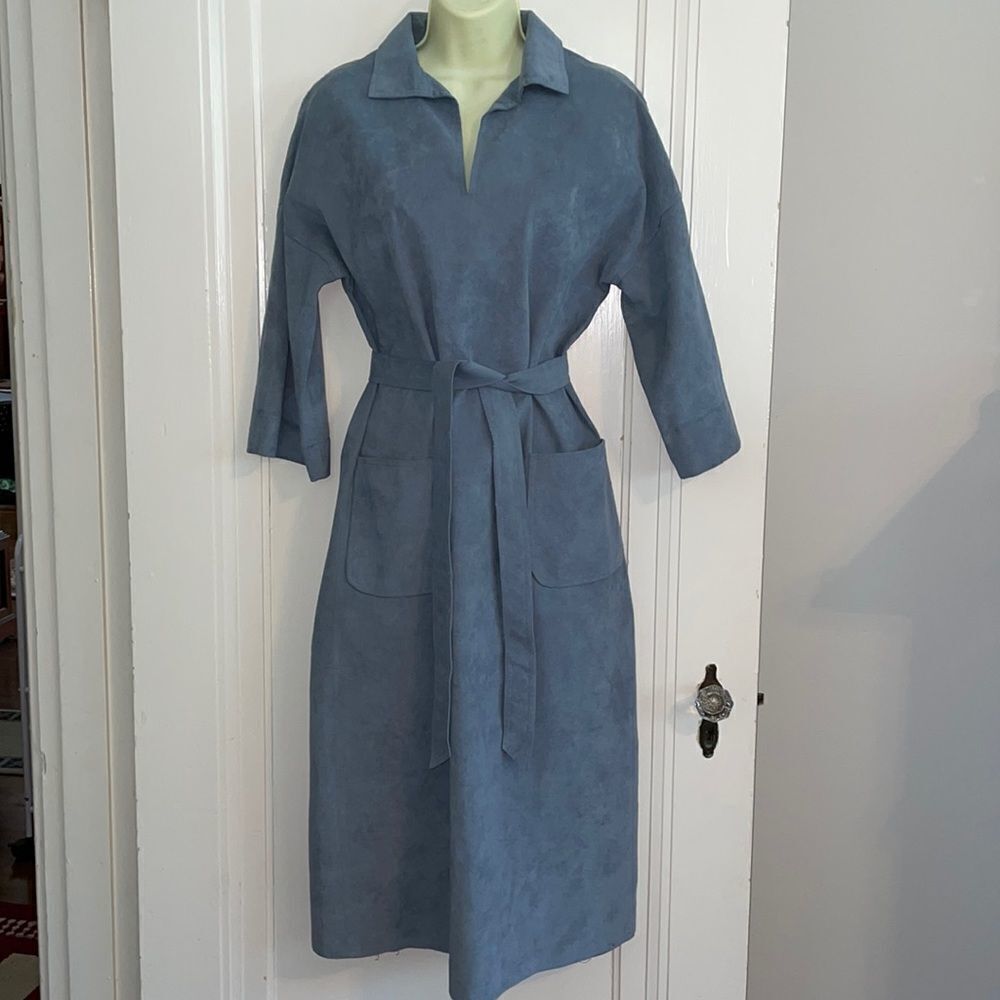 Vtg 70s Gino Rossi light blue ultra suede midi dress with 3/4 sleeves